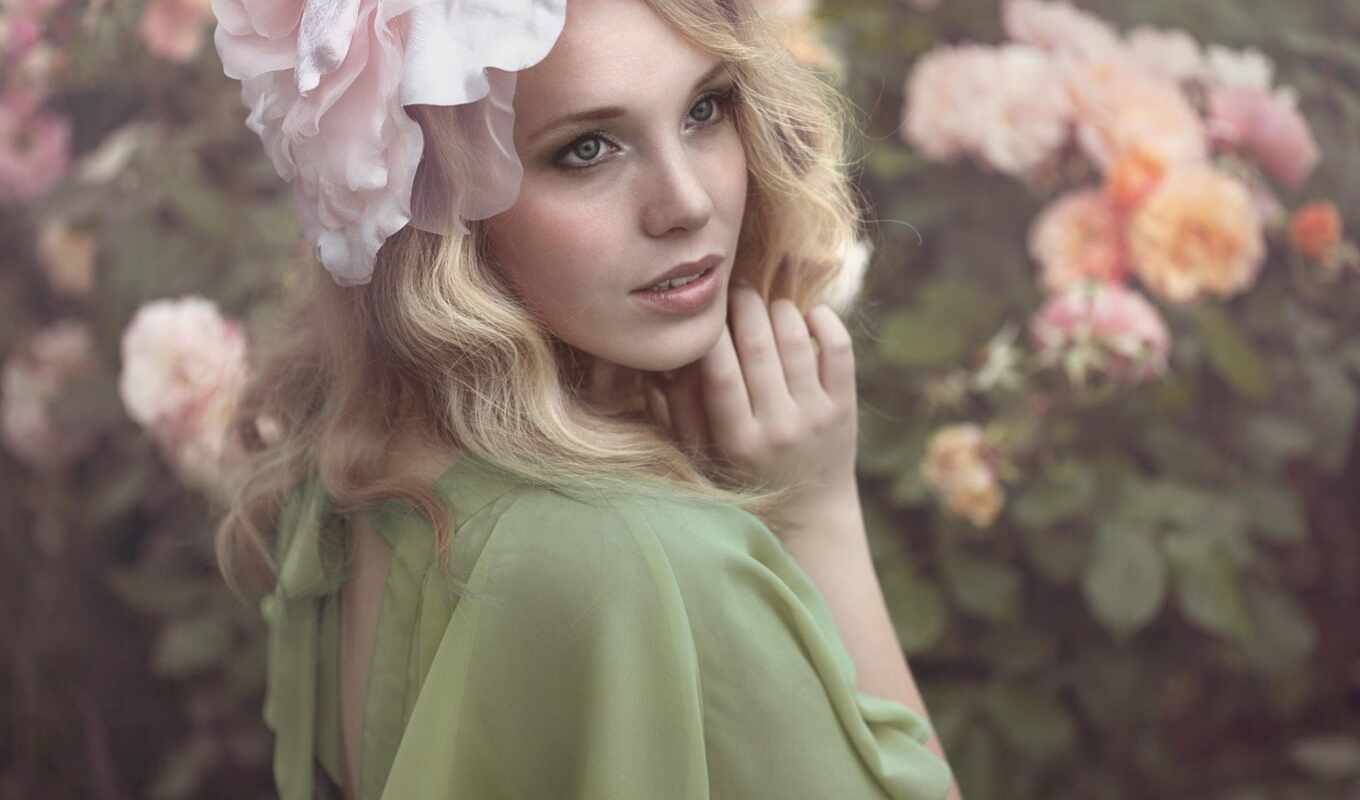 flowers, girl, blonde, model, fond, spring, wall, flora