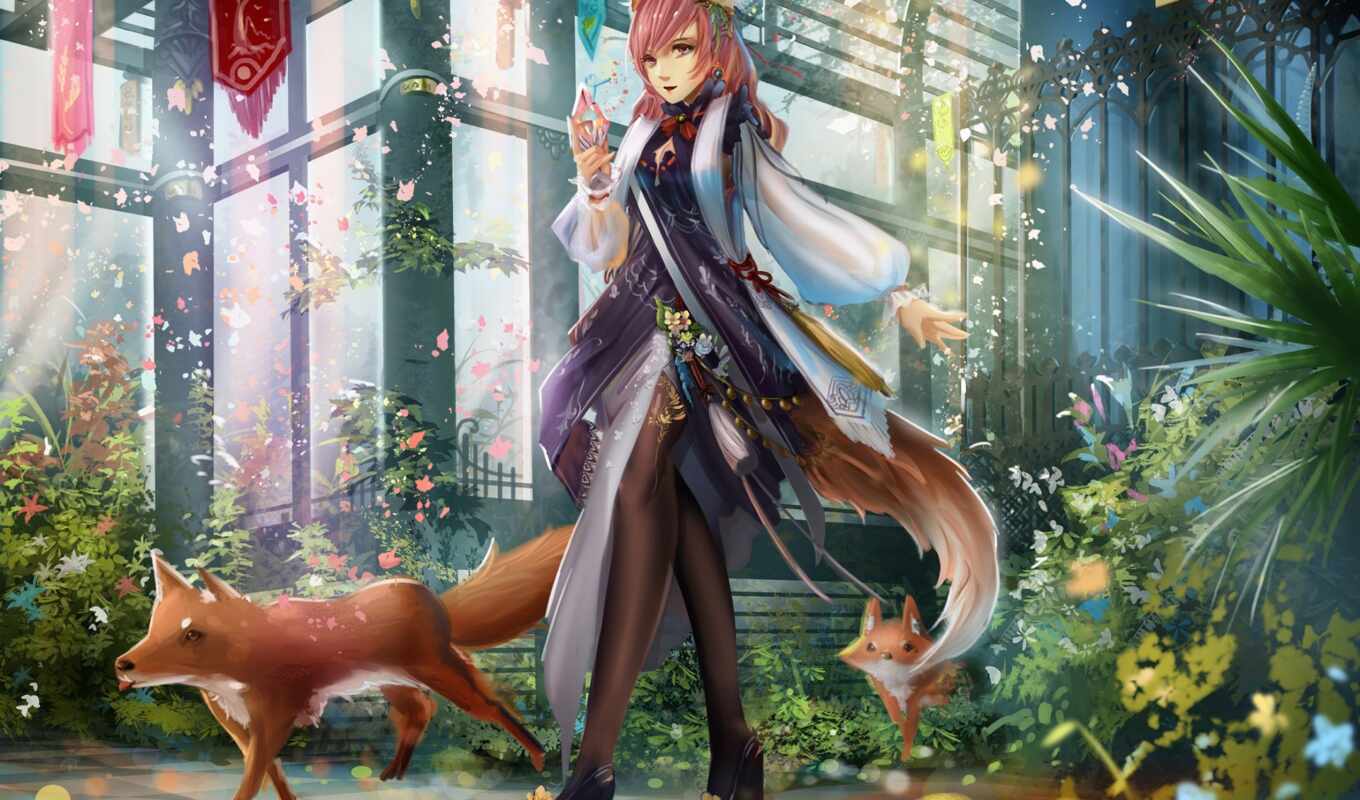 girl, building, fox, anim, animal, plant, illustration