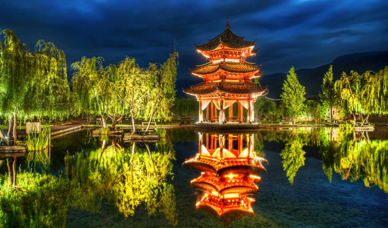 китаянка, пагода, park, пруд