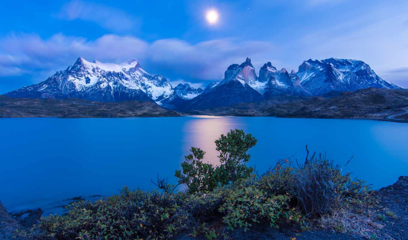 lake, nature, night, moon, mountain, landscape, of, paine, chile, patagonia, torre