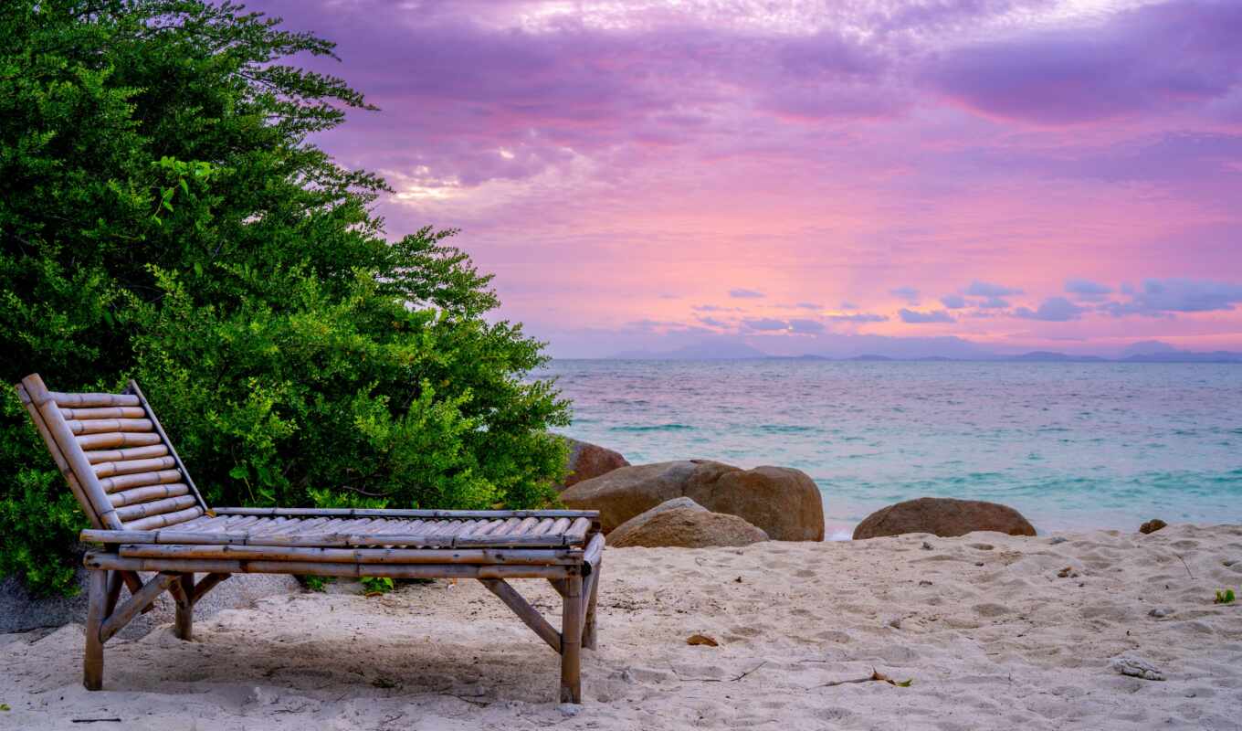 summer, sunset, beach, sea, sand, pink, lounge chair, chaise, starve
