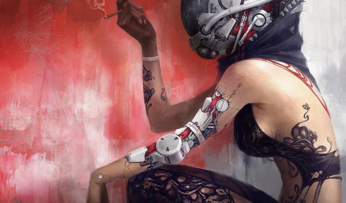 robot, woman, tattoo, fantasy, helmet, cyborg
