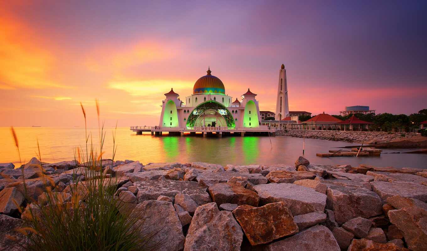 architecture, malaysia, masjid, selat, melaka, malaka, meczet, straits, wyspie, sztucznej