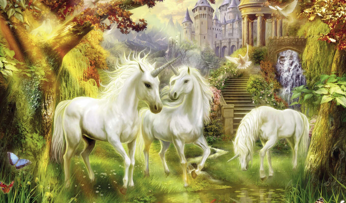 fantastic, picture, picture, horse, beautiful, fantasy, castle, choose, with the button, right, thomas, kinkade, pigeons, fairy tale, unicorn, unicorns