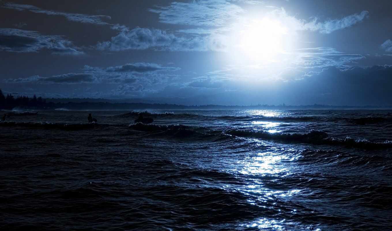 nature, collection, night, moon, sea