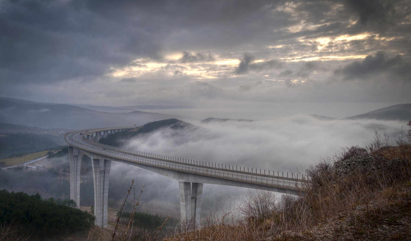 небо, мост, туман
