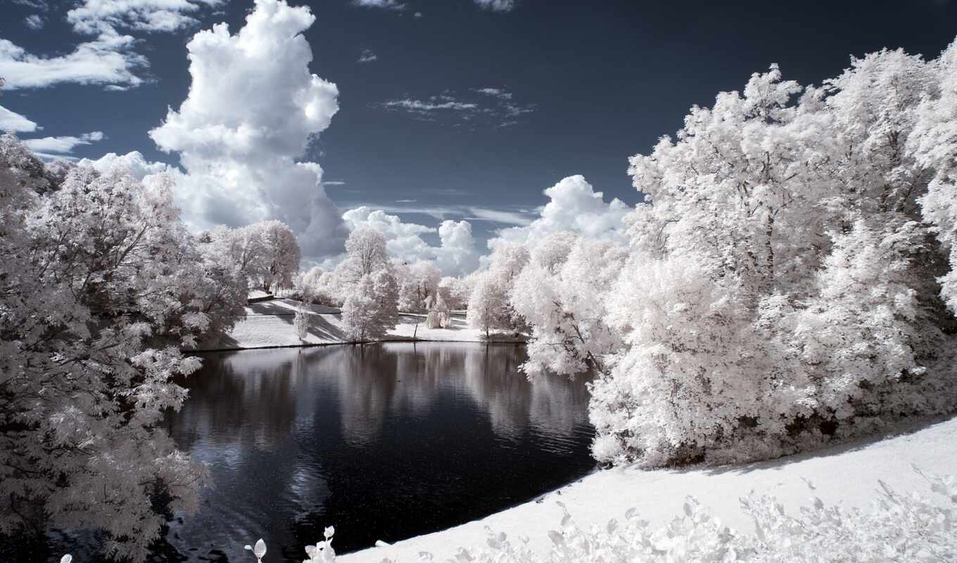 озеро, иней, снег, winter, лес, вечер, берег, photoshop, река, trees