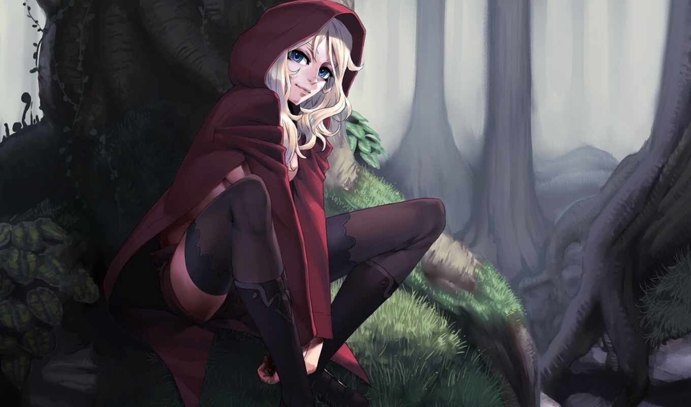 art, online, red, anime, forest, red, wolf, a cap, hood, cozy, catastrophe