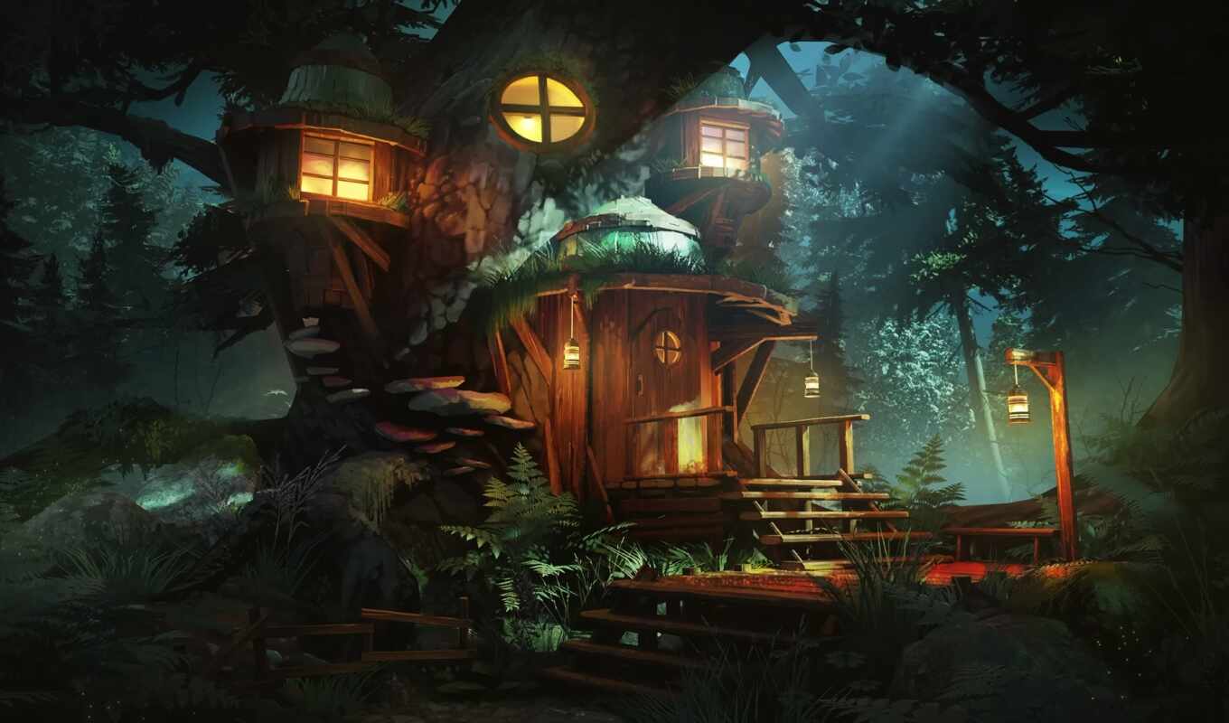 nature, house, night, forest, lights, wood, mystical, drawing, charming, fore, besplatnooboi