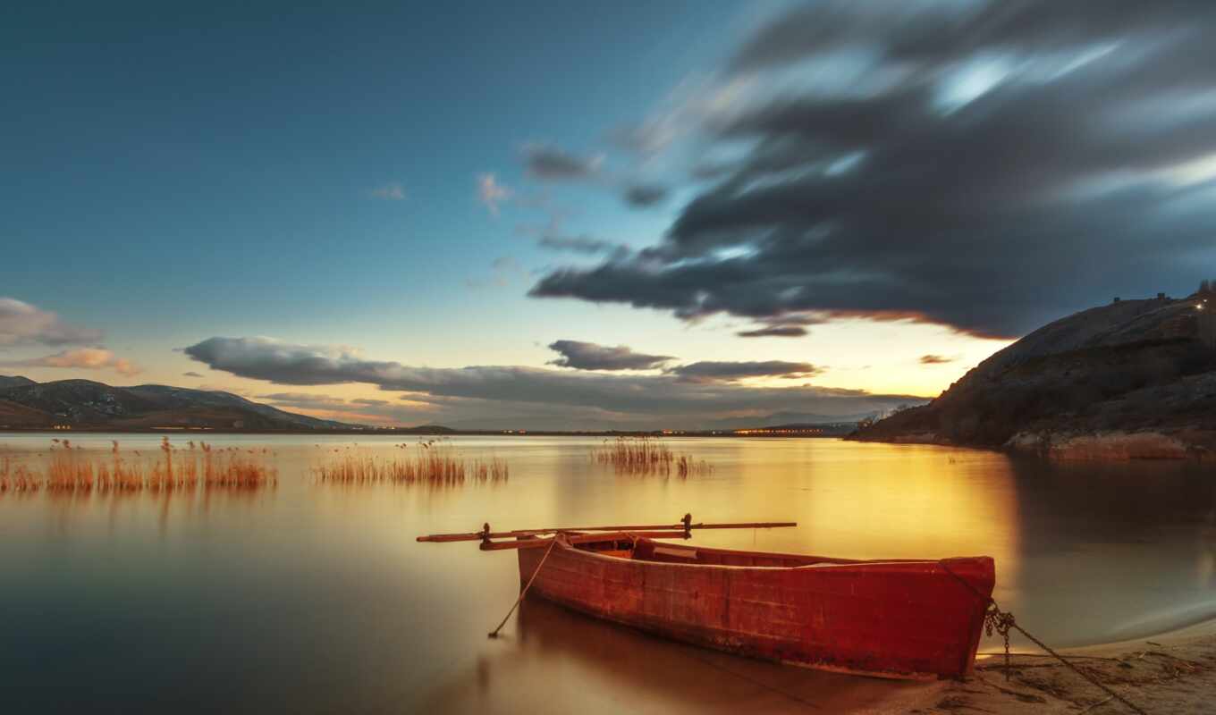 lake, mobile, mac, sunset, screen, a boat, china, boat, cloud, orilla, atardec