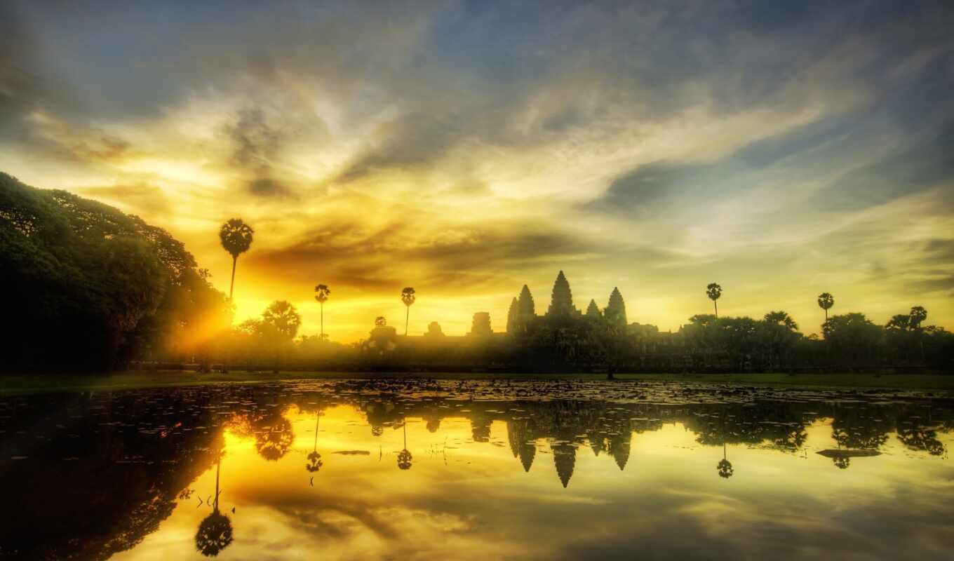 nature, sun, water, architecture, temple, morning, cambodia, angkor, what, devastation, permission