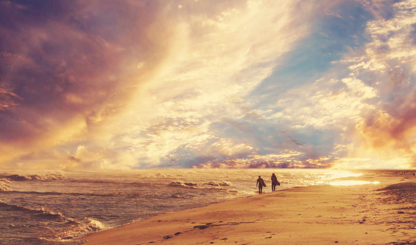 небо, пляж, люди, море, берег, песок, горизонт, сёрфинг, waves, прогулка