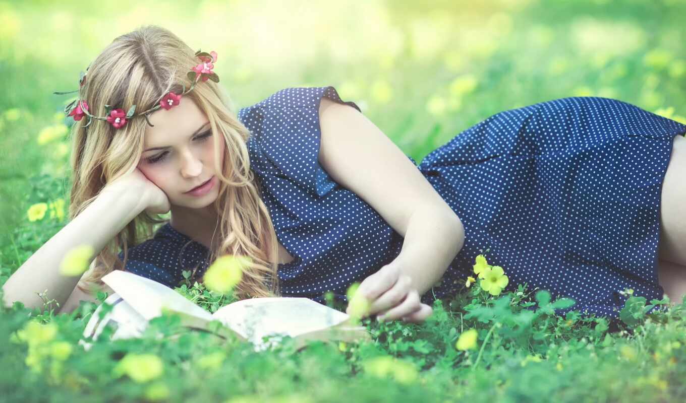 цветы, девушка, книга, трава, blonde, волосы, платье, который, прочитать, ложь