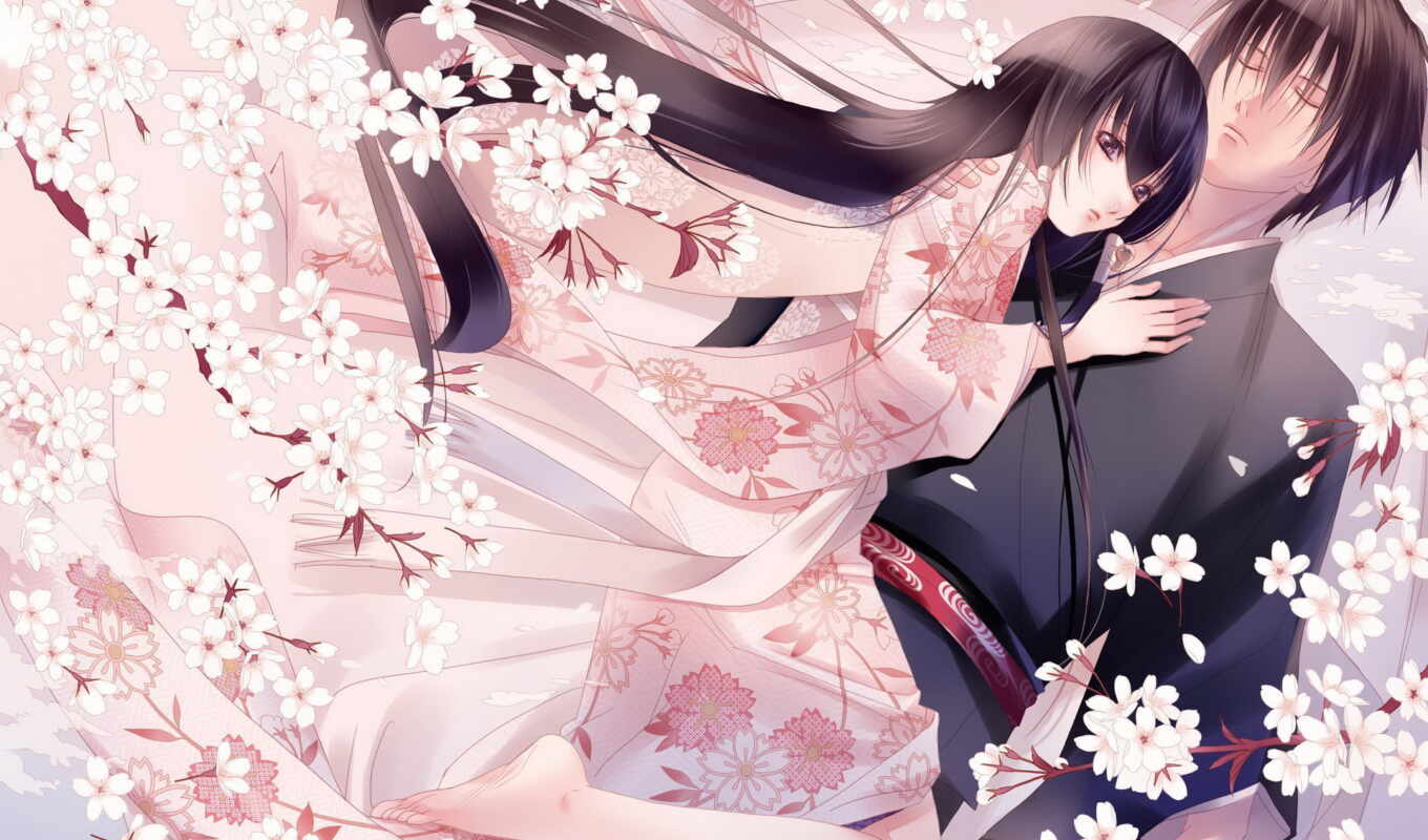 flowers, love, anime, Sakura, spring, mood, two