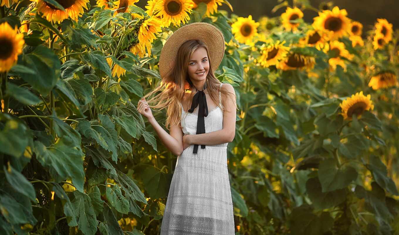 hat, girl, summer, sunflower, model, daily, beautiful, stand, podsolnuhovyi