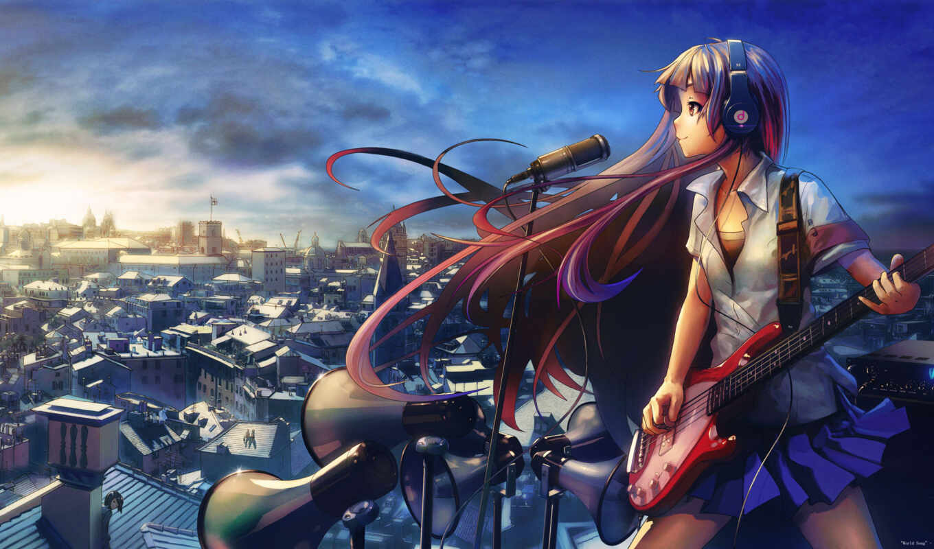 wallpaper, headphones, girl, n, anime, guitar, roof