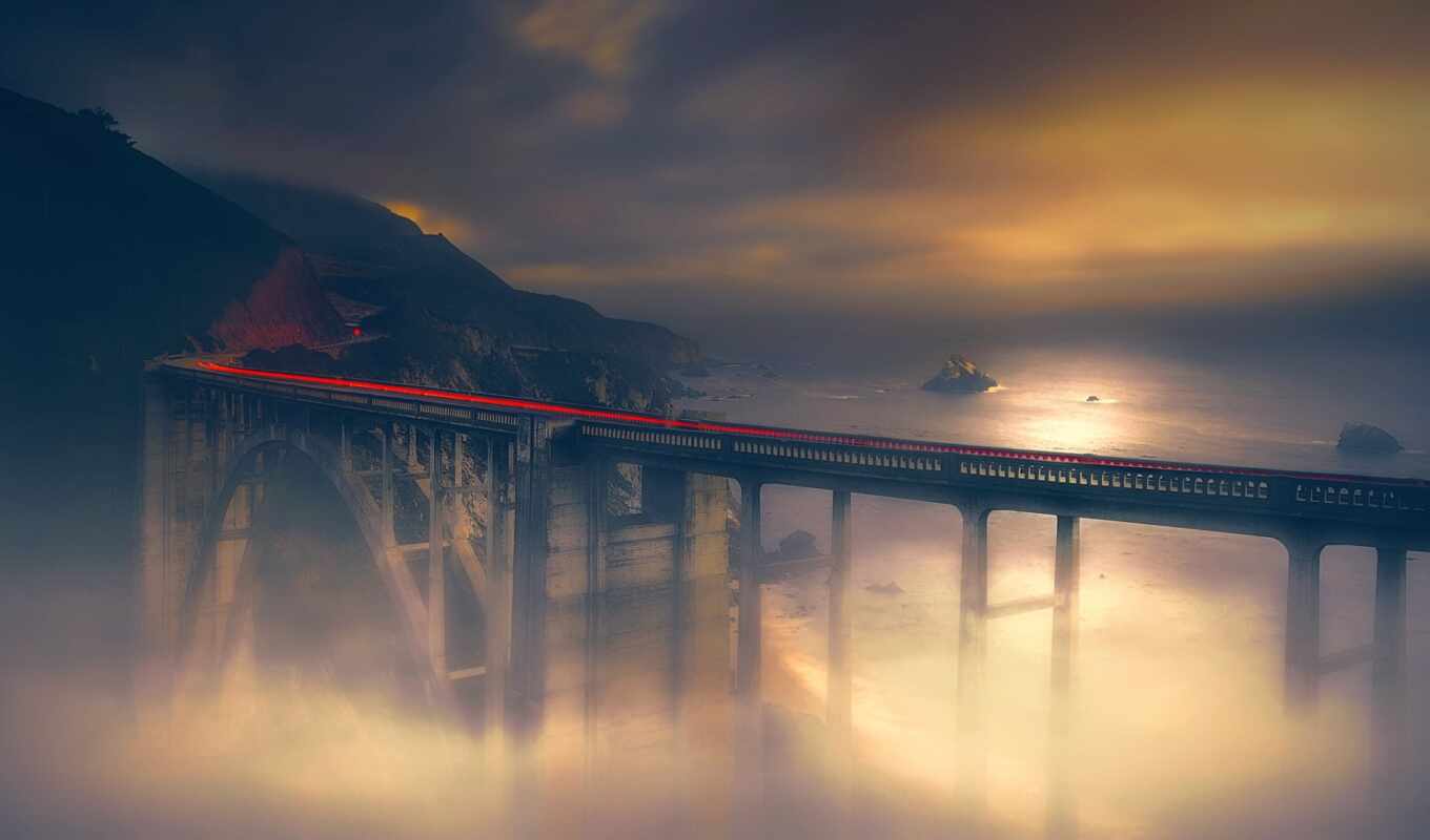 photo, background, night, Bridge, long, fog, expensive, iron, exposure
