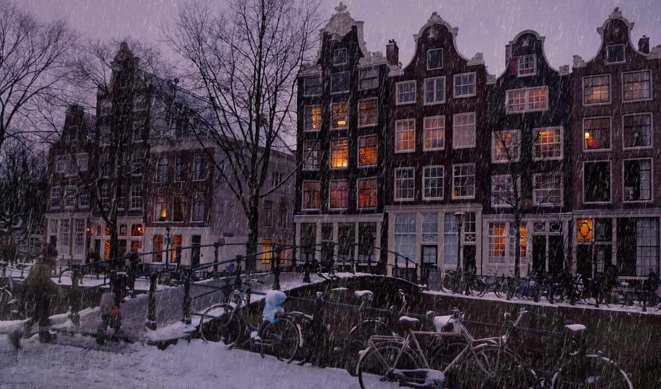 house, a computer, city, snow, winter, Bridge, building, Amsterdam, Netherlands