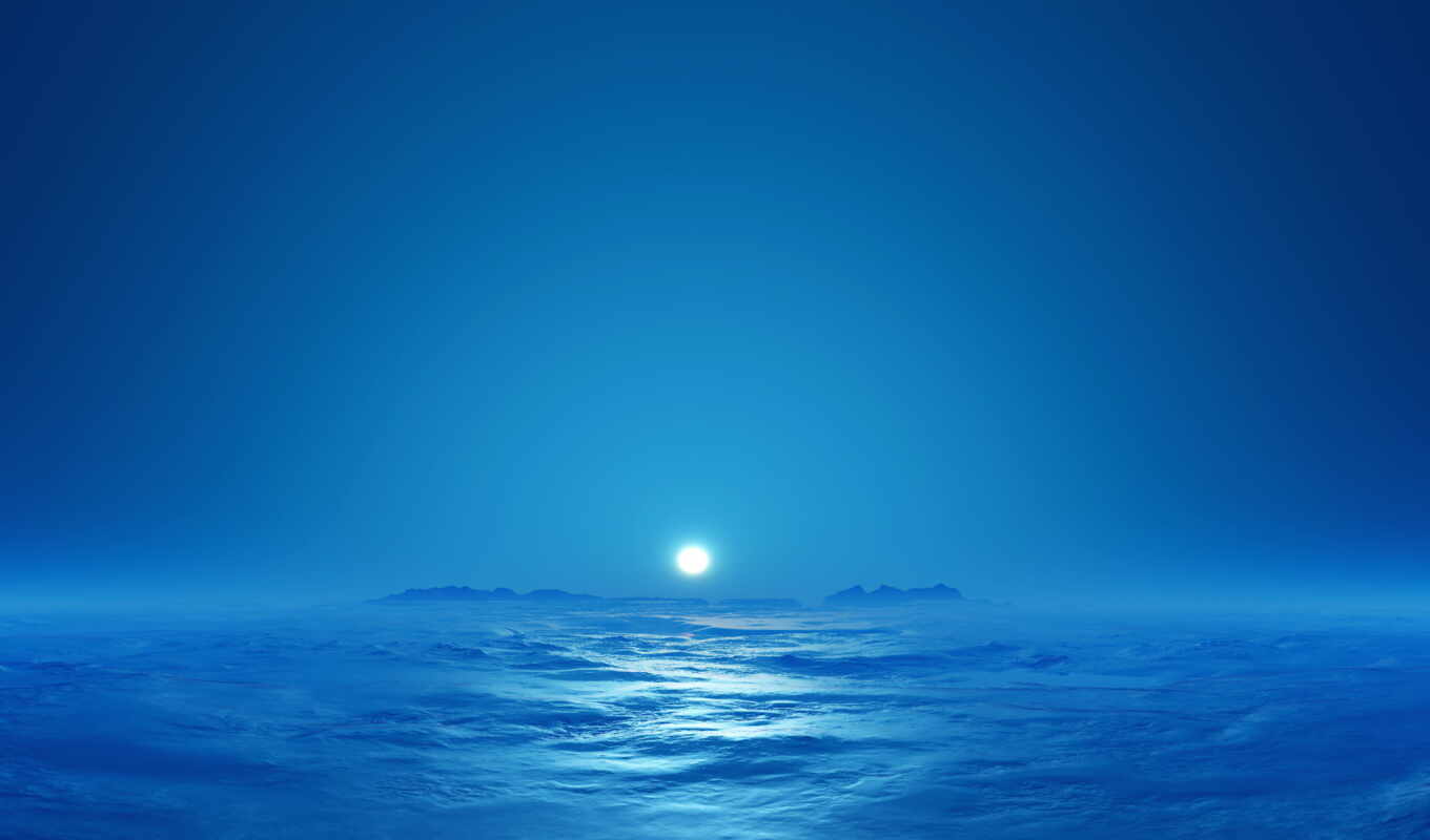 blue, sun, sunset, moon, sea, horizon, fog, haze