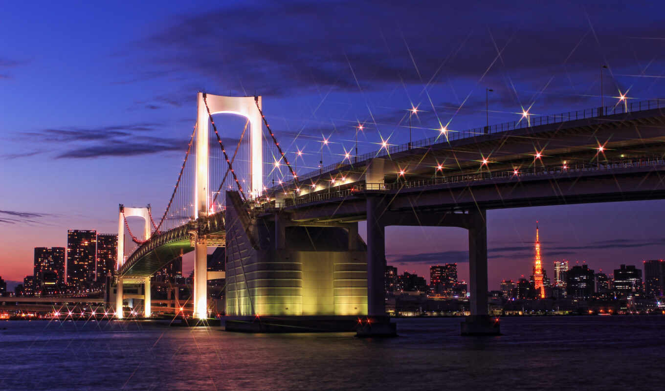 небо, дома, город, ночь, мост, здания, огни, освещение, tokyo, синее, мегаполис, залив, фонари, hintergrundbilder, japan, мосты, capital