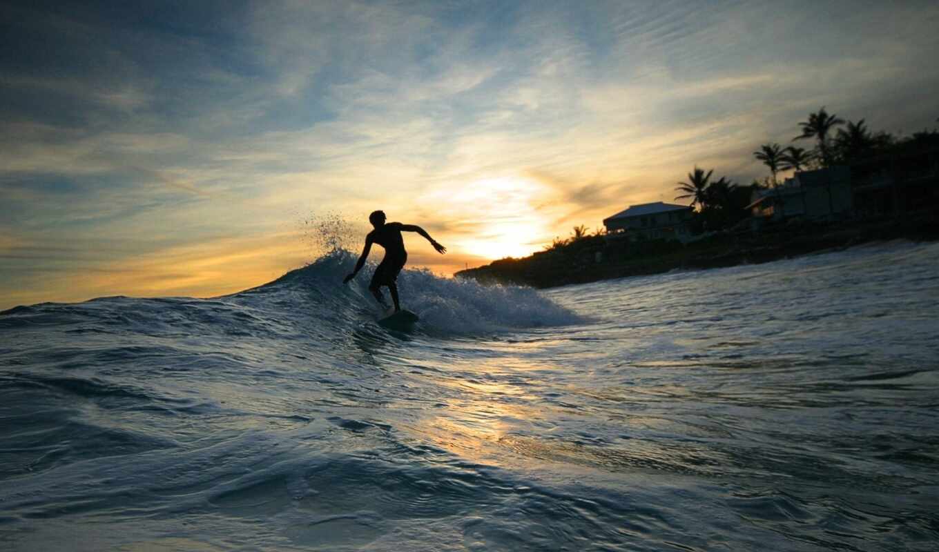 sunset, sea, island, wave, surfing, asia