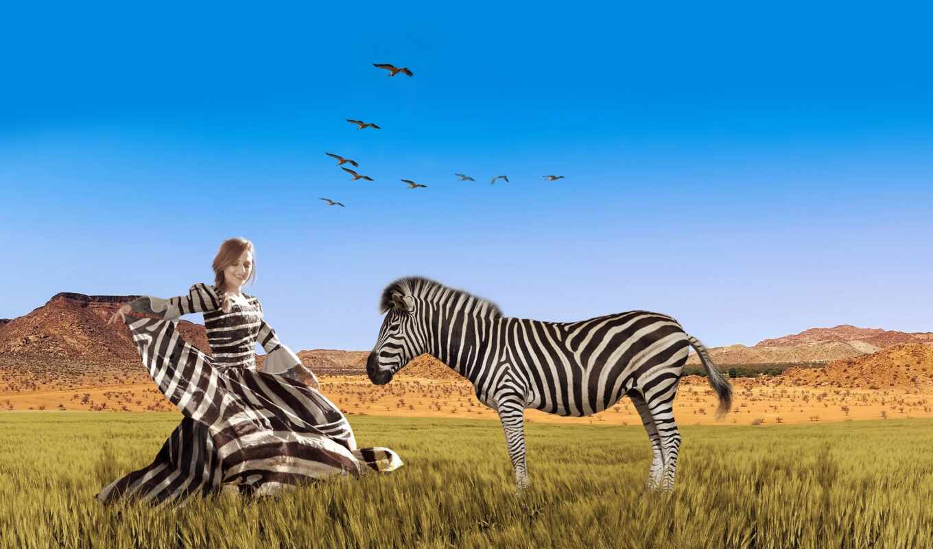 sky, girl, grass, dress, animal, Africa, zebra