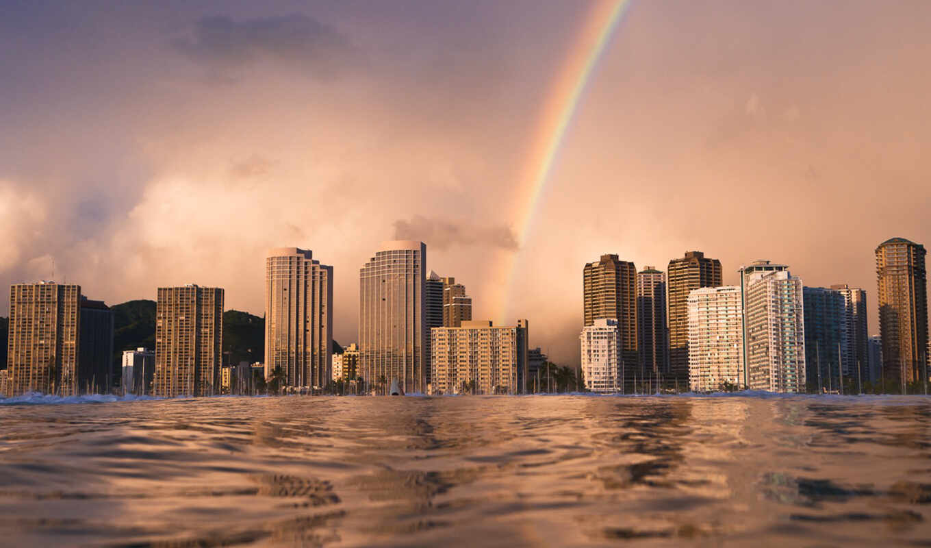 rainbow, city, water, building, ocean, hawaii, skyscraper