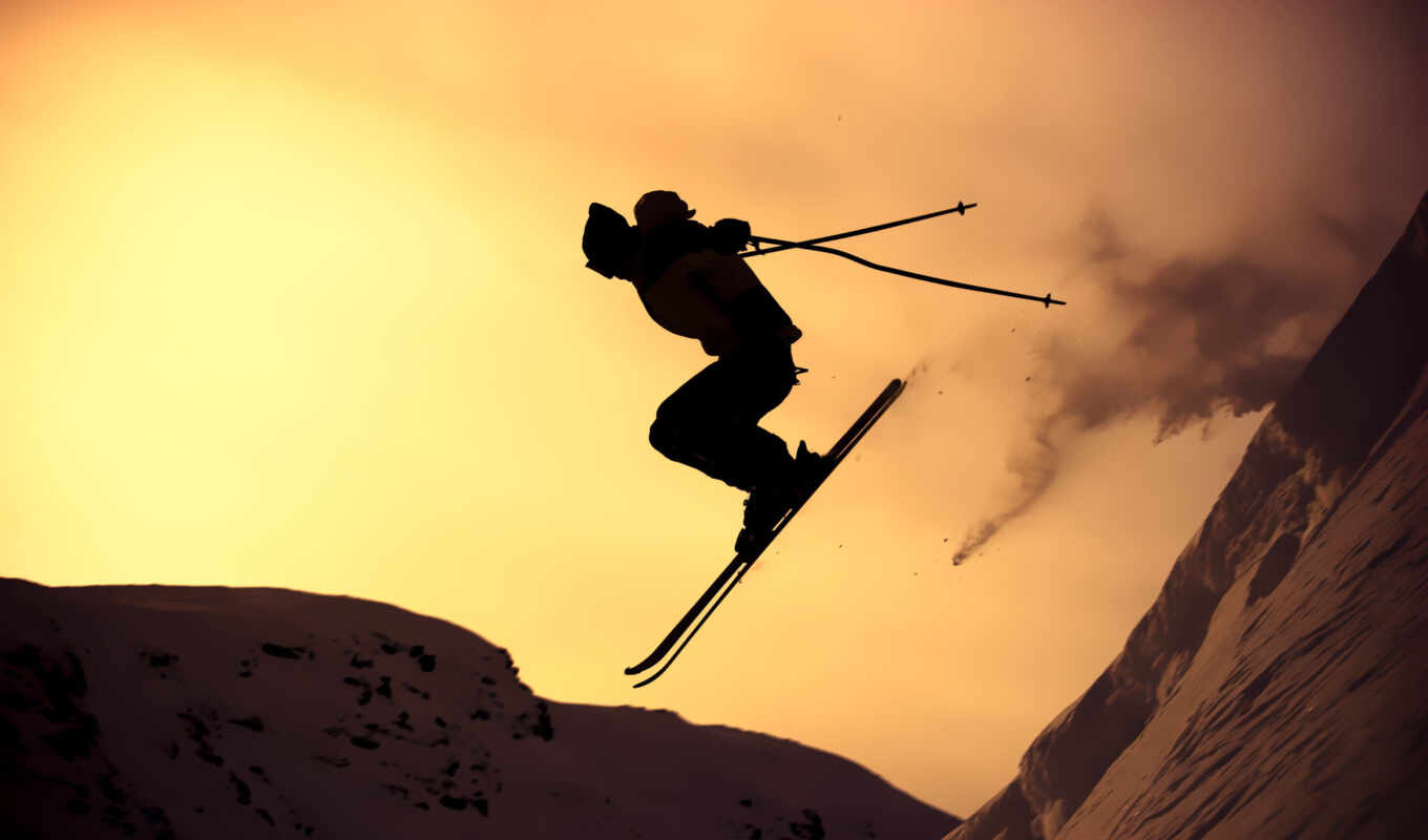 mountains, picture, sunset, flight, snow, guy, sport, winter, the sun, mountain, skis, ski, skis, extreme, rays, fast hair, slope, ♪, hay, ultimate, souls