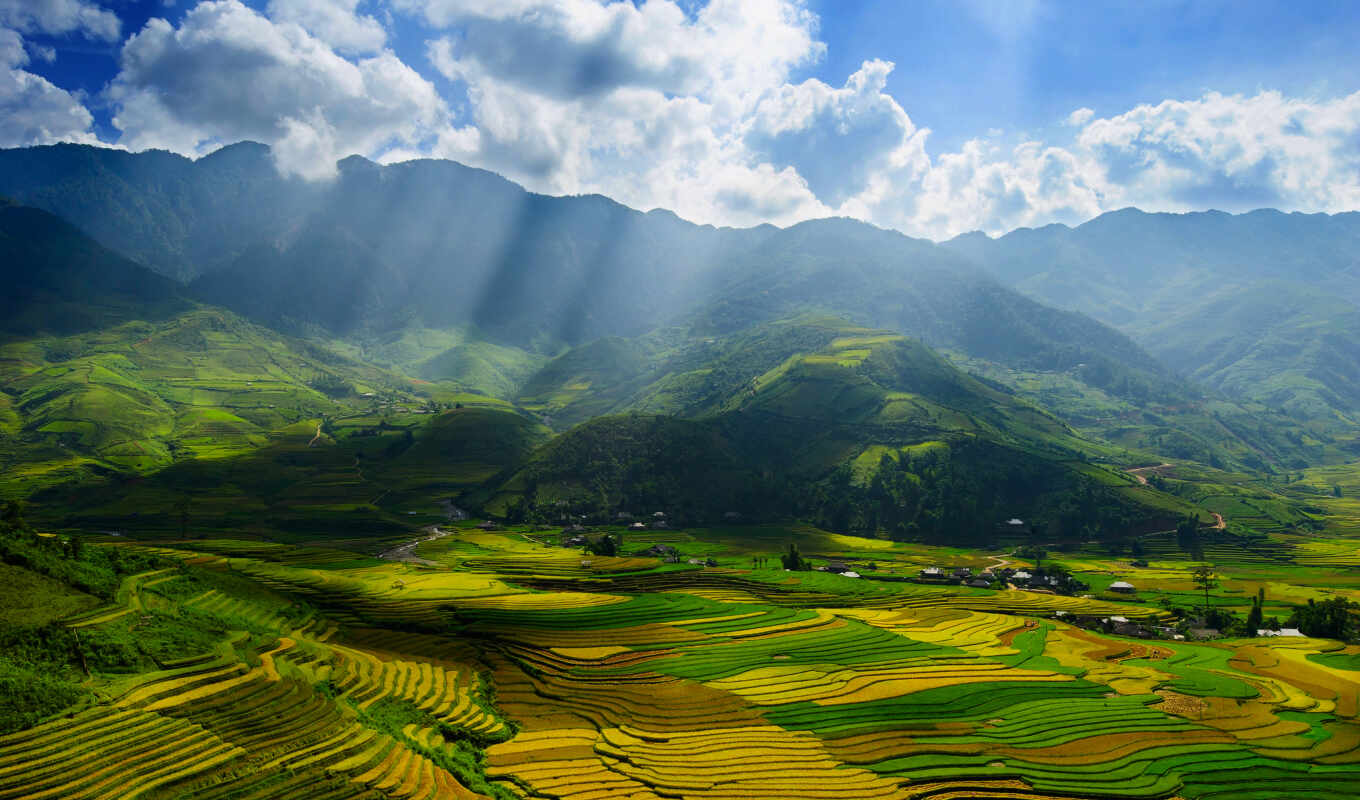nature, kartinka, solar, pole, svet, cloud, the sun, sky, rays, Vietnam, fields