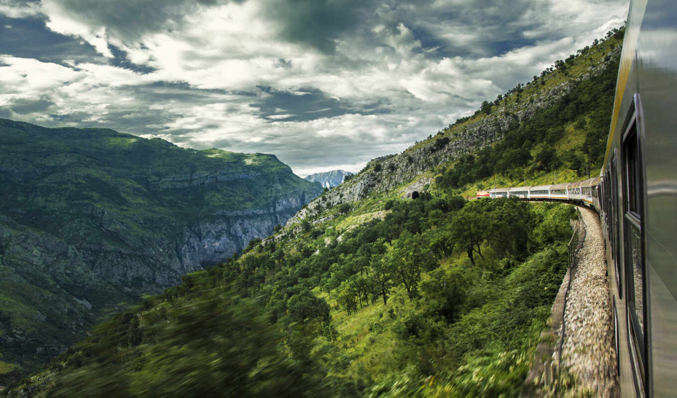 mountains, sky, forest, a train
