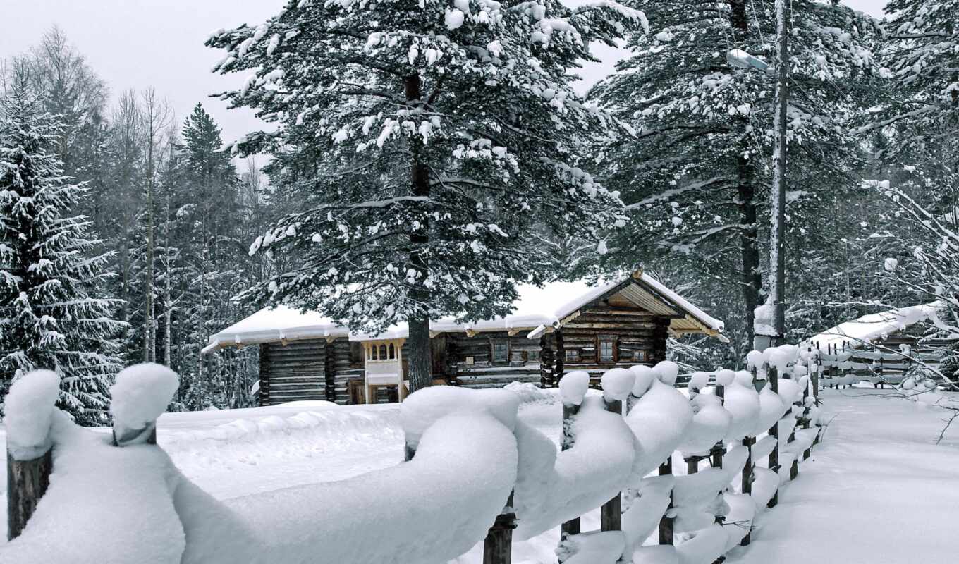 nature, photo, good, house, night, snow, winter, forest, lodge, drift, fence