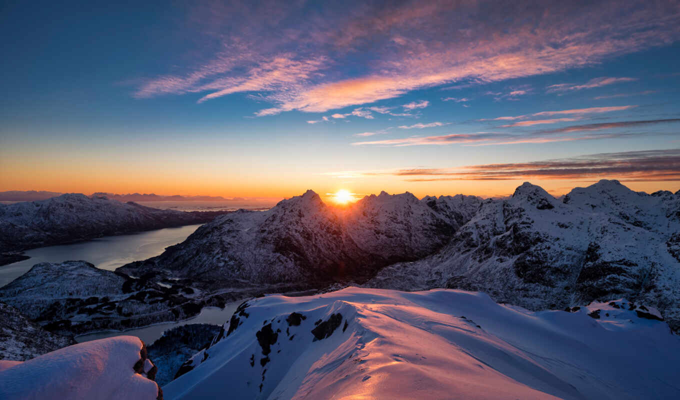 sun, гора, остров, fjord, rising, norwegian, заснеженный