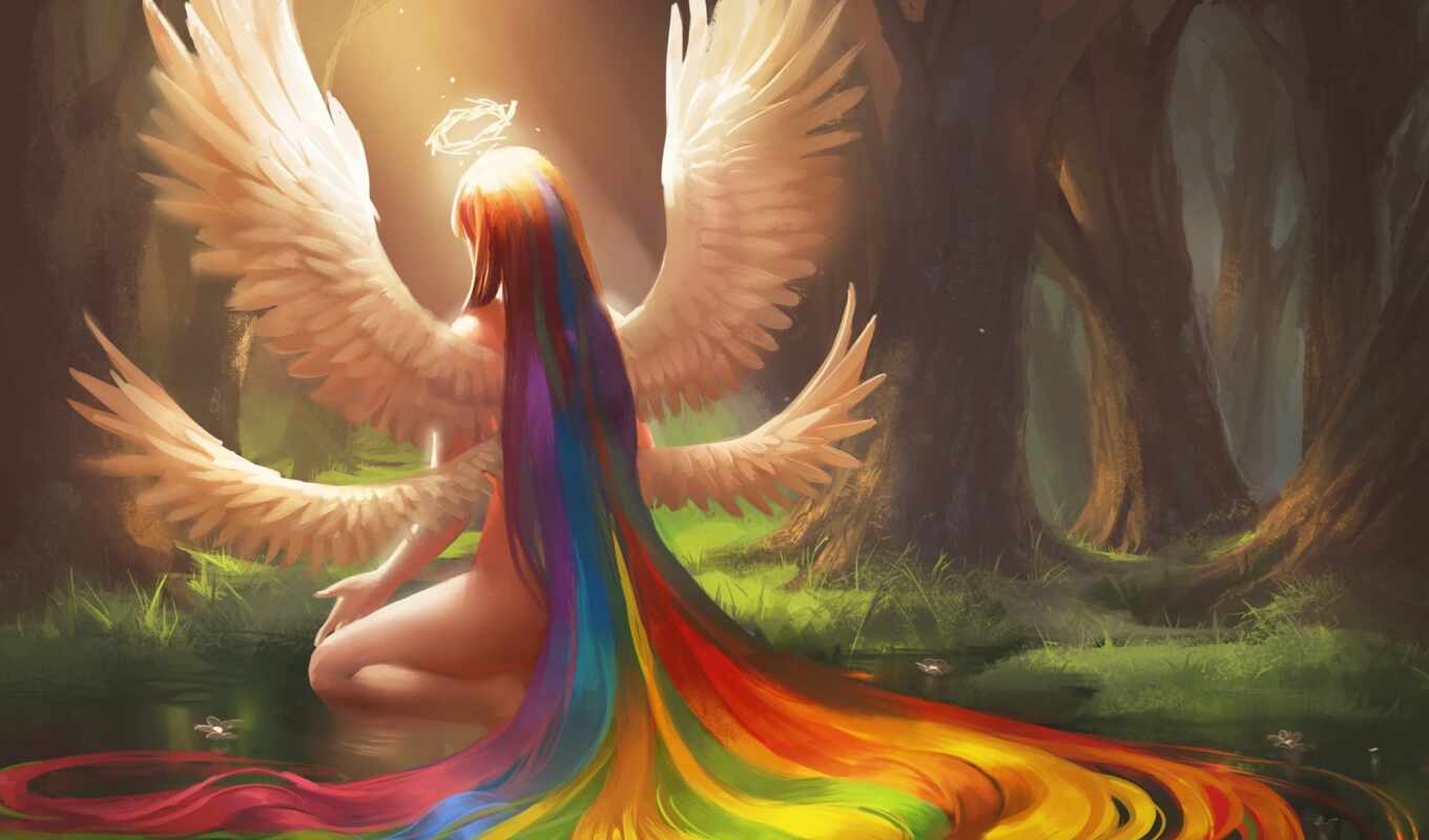 девушка, арт, радуга, волосы, ангел, крылья, нимб