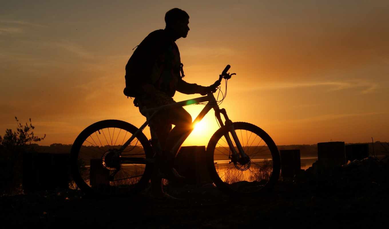 небо, закат, парень, bike, велосипеде