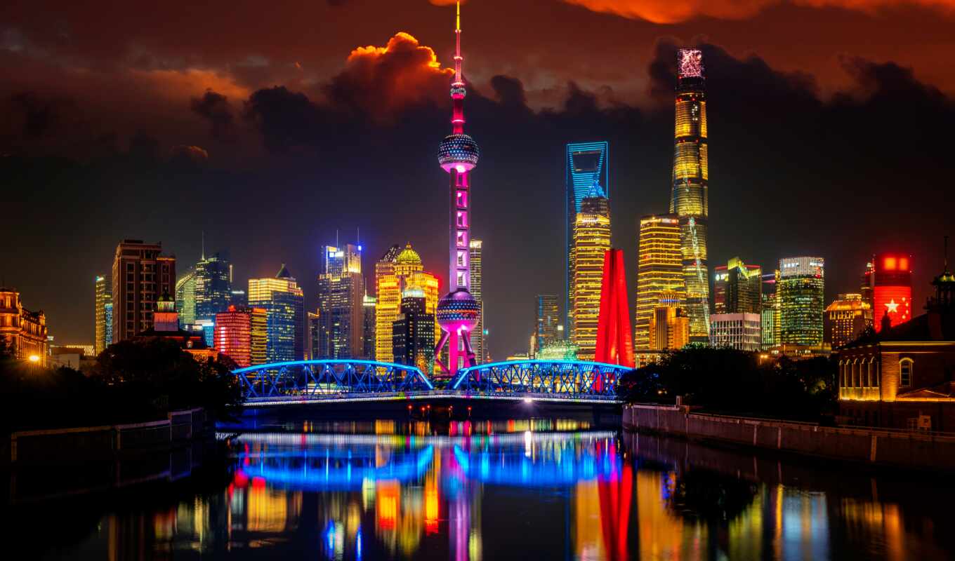 город, огонь, ночное, shanghai, китаянка
