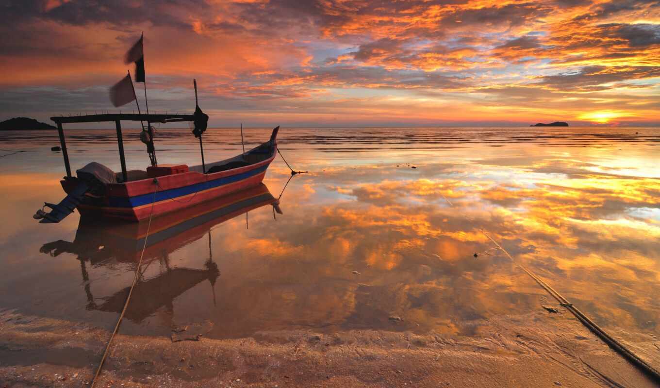 desktop, sunset, water, beach, sea, reflection, a boat