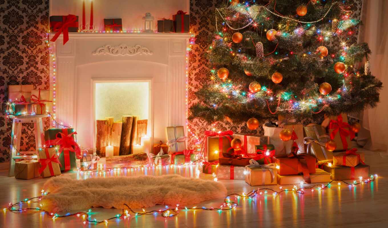 коллекция, design, палуба, красивый, украшенный, garland, новый год, елка, рождественский