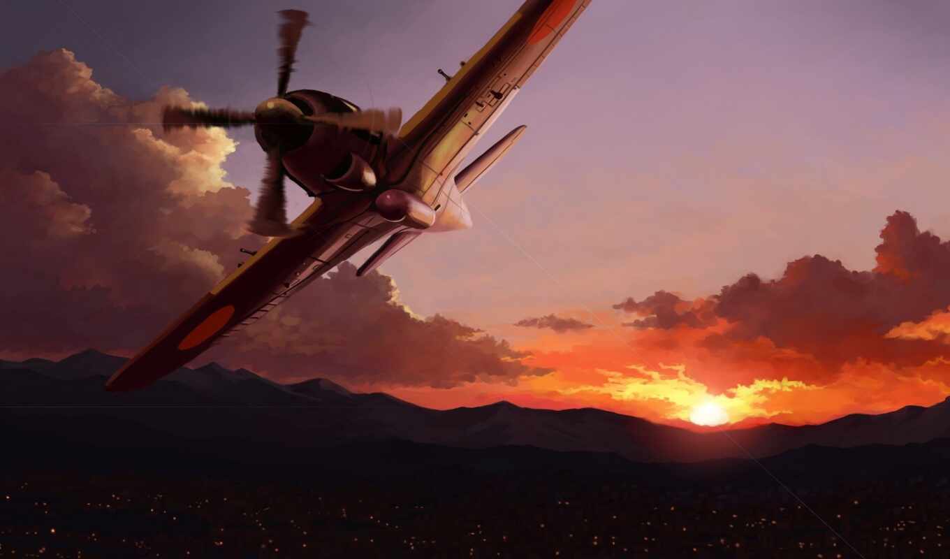 the fighter, sunset, aviation, sunrise, plane, raiden, drawn