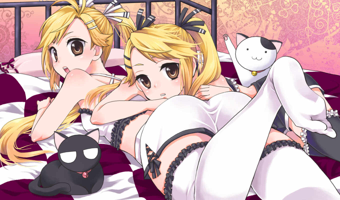 anime, серия, девочки, кошки, сестры, кошачьи, близняшки, нежности