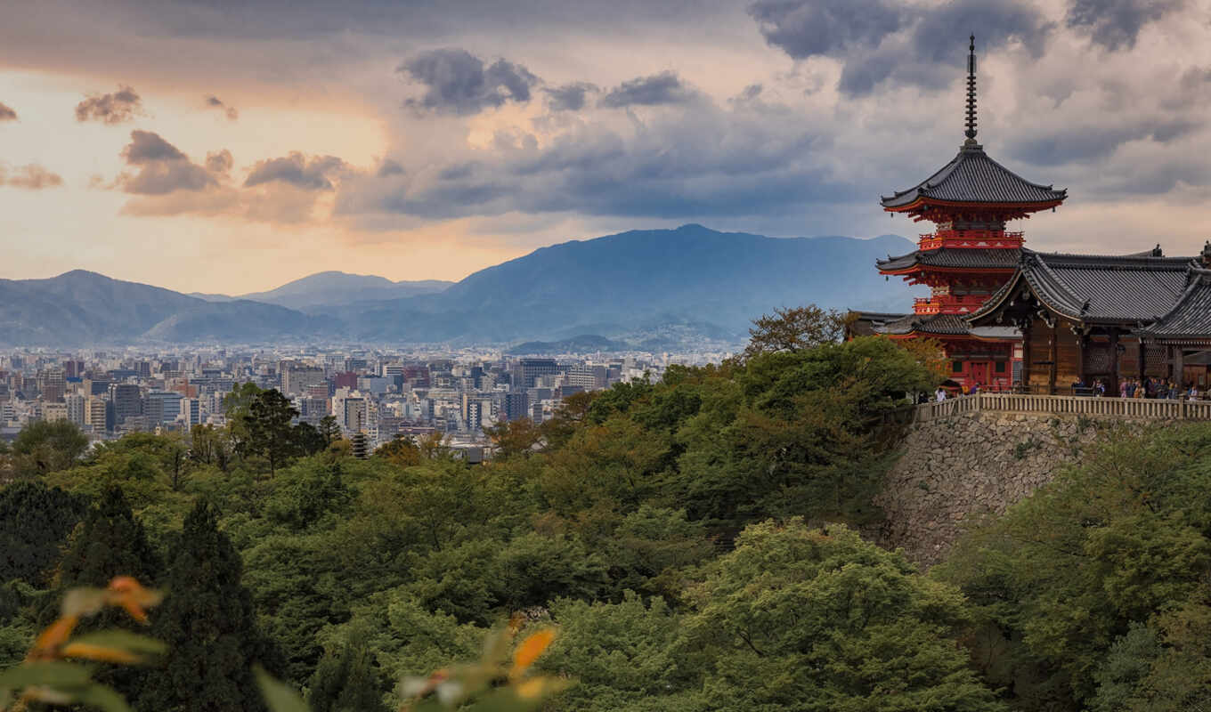 взгляд, город, гора, храм, япония, панорамный, kyoto, dera