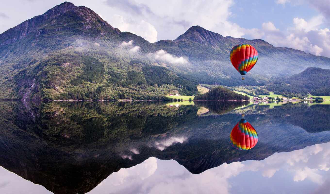 озеро, природа, воздушные, мяч, отражение, aerial, шары, горы