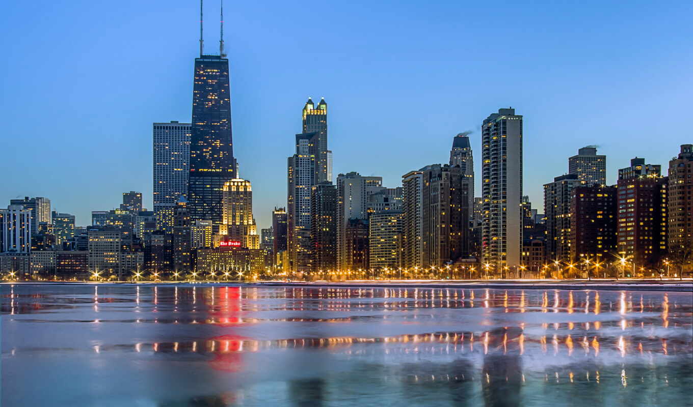 широкоформатные, город, winter, вечер, огни, небоскребы, сша, chicago, панорамма