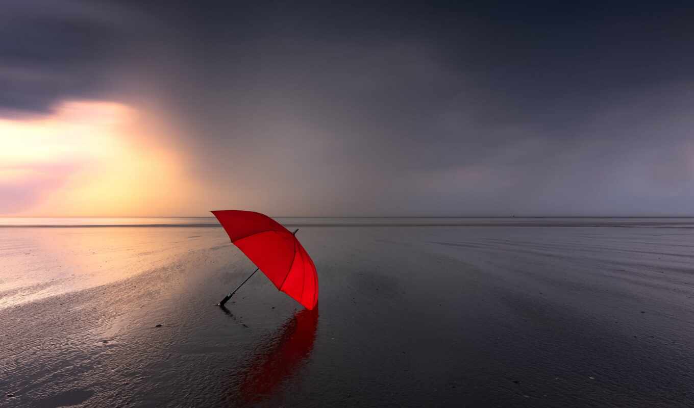 red, beach, sea, coast, sand, horizon, cloudy, umbrella