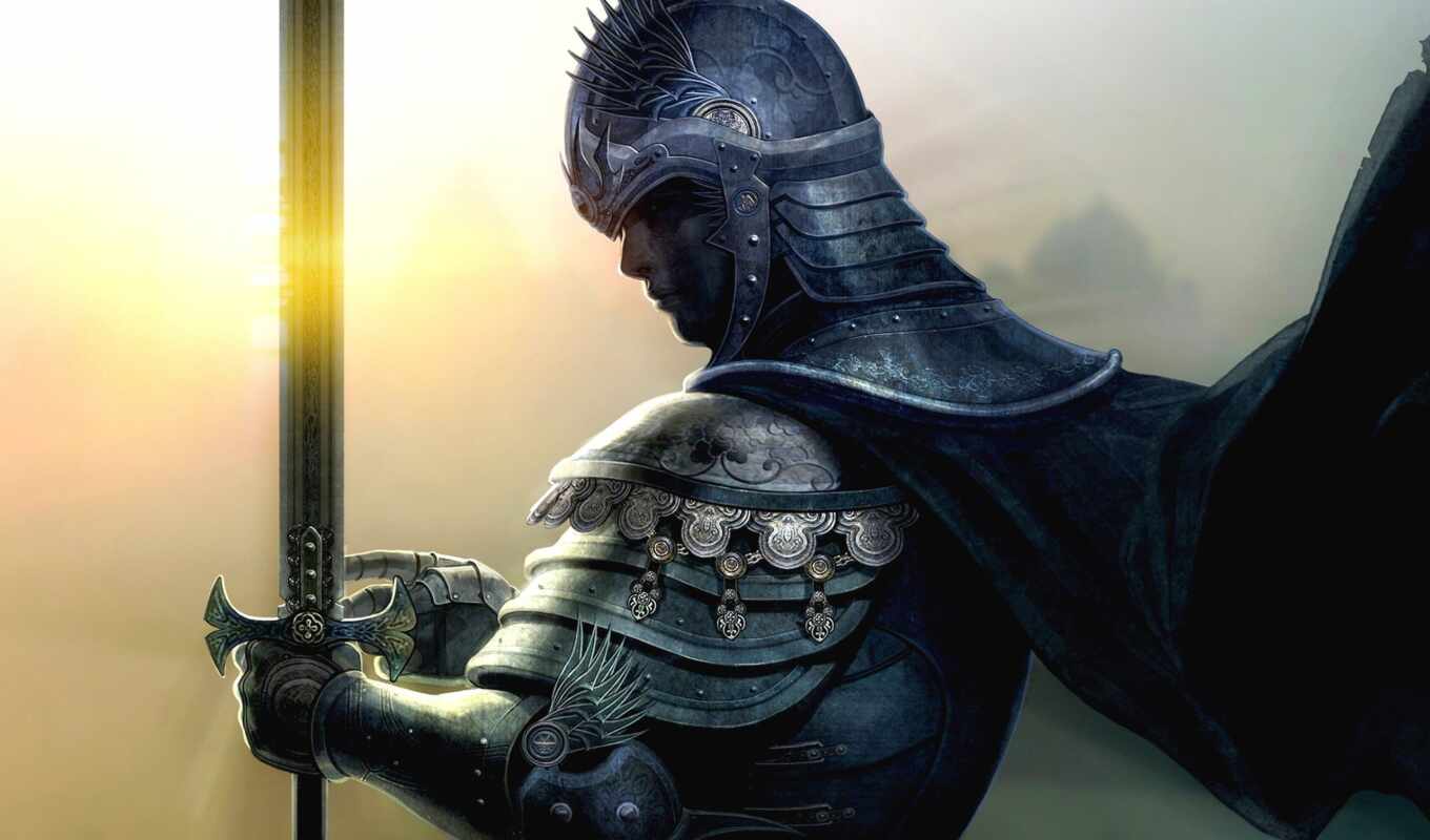 man, armor, sword, knight, fantasy, helmet