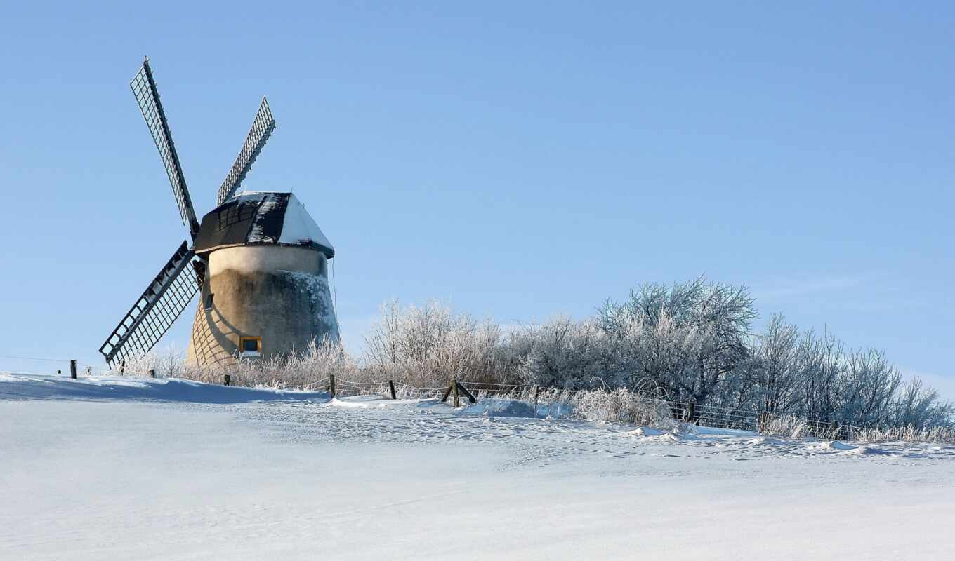 картинка, снег, winter, поле, mill, фоны