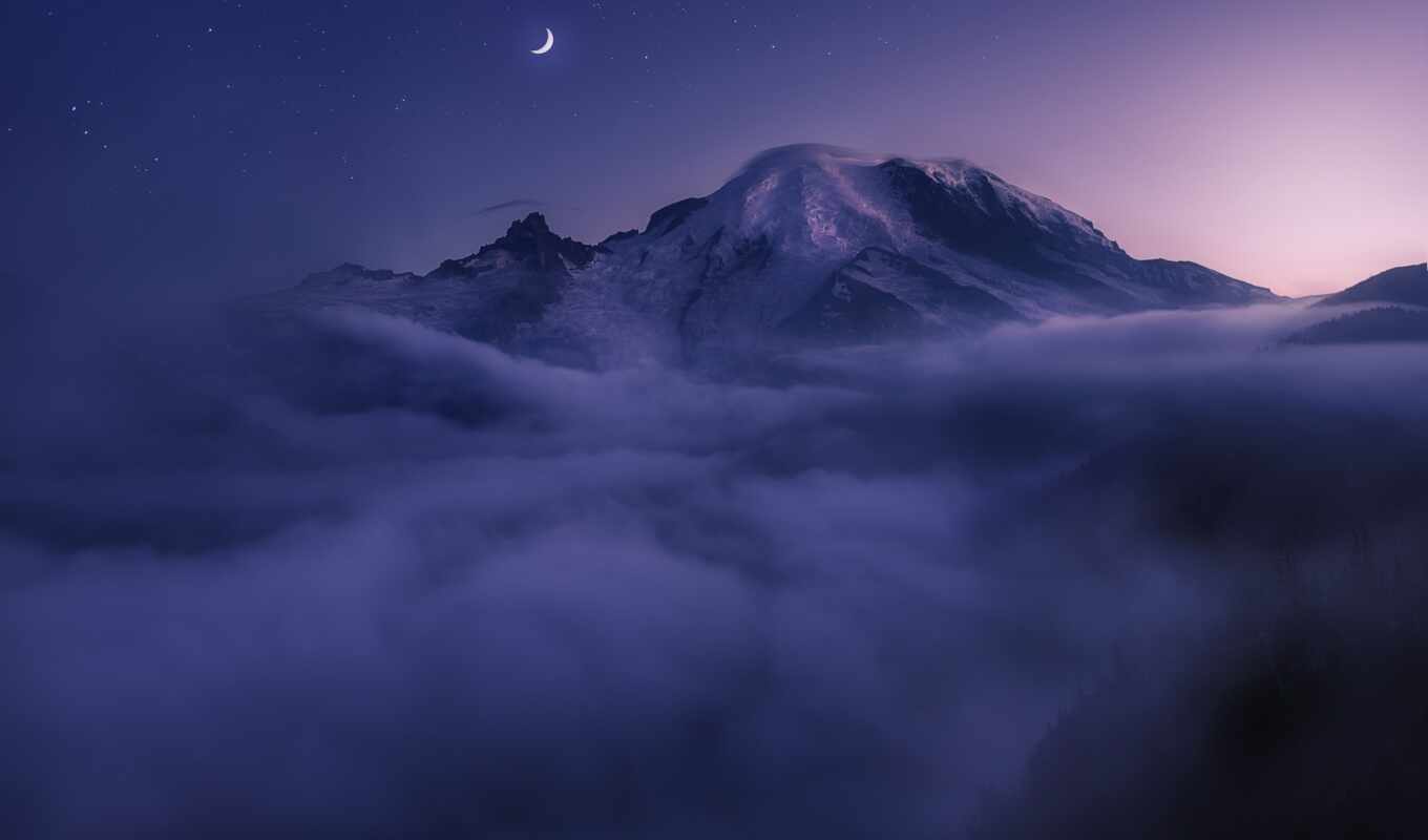 night, mountain, top, star