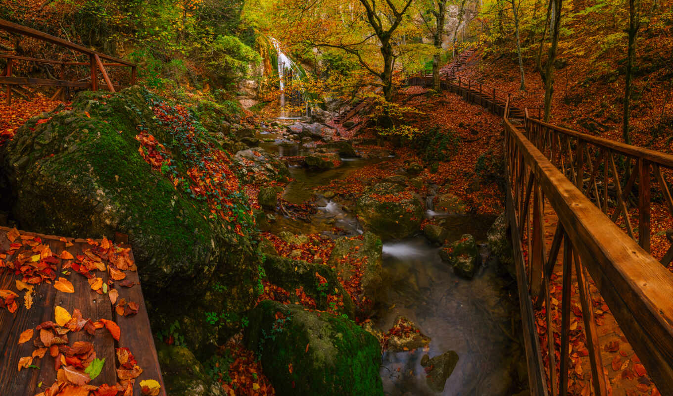 Bridge, Russia, autumn, waterfall, filter, leaf, Crimea, crimean, mocah
