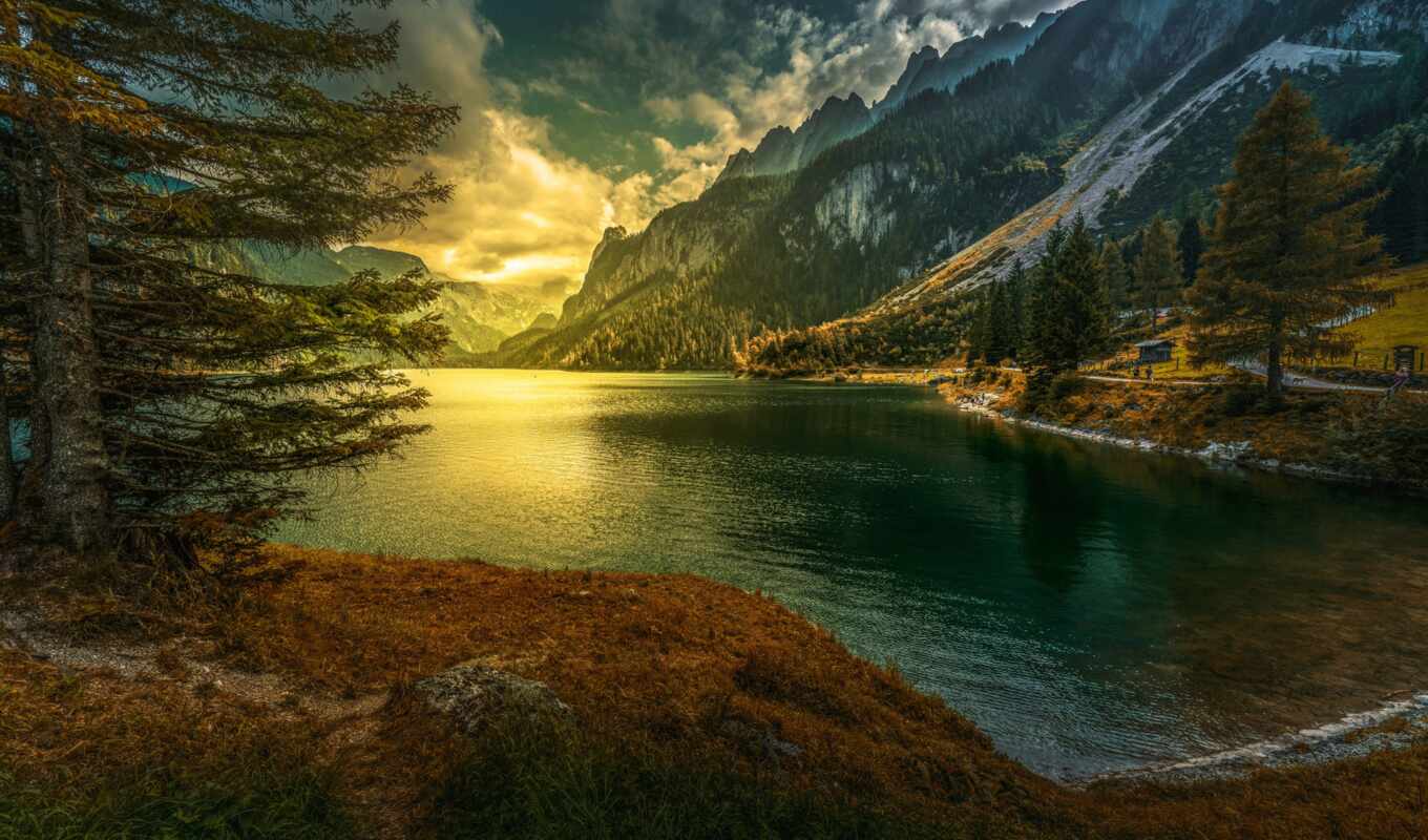 lake, sun, mountain, human, river, sunrise, the alps, gosau