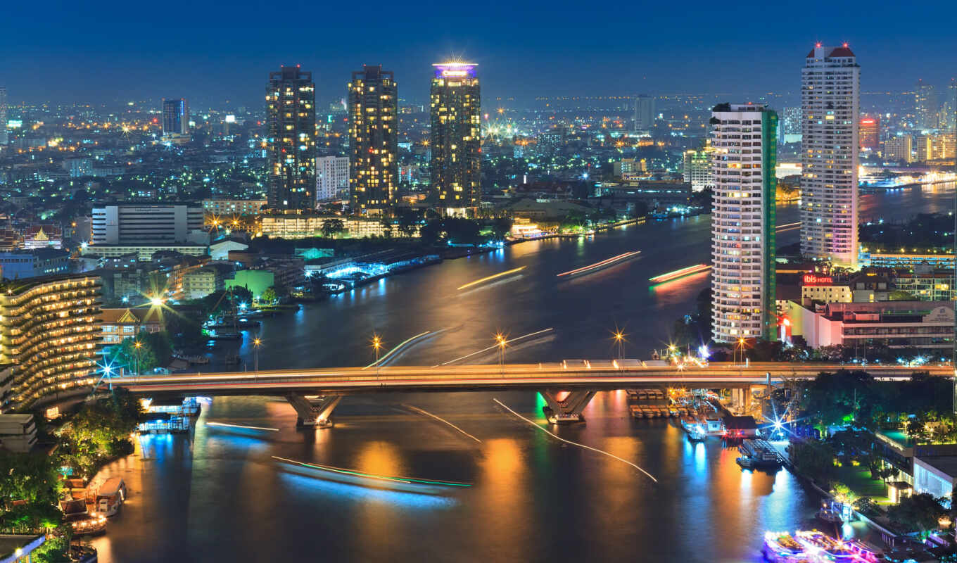 ночь, bangkok, река, thai, phraya