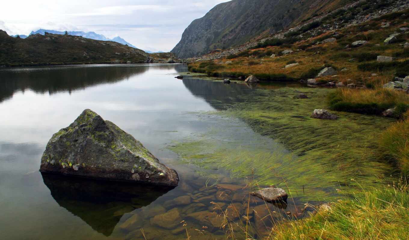 nature, background, under, screen, with water, water, montañas, lago, piedras, algas, bloques